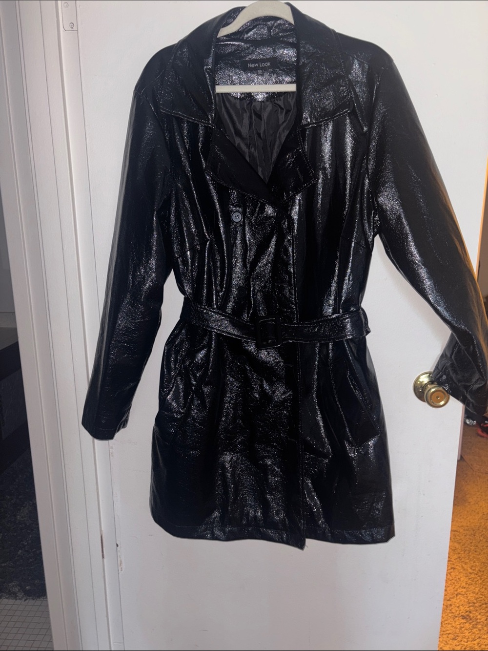 New Look Black Patent Faux Leather Belted Trench Coat